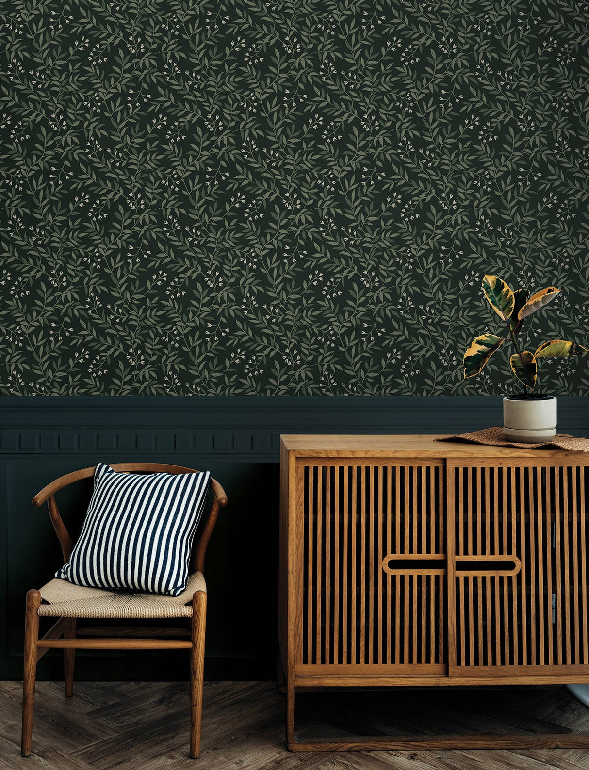 Senna Evergreen Budding Vines Green Wallpaper with Botanical Vine Motif, Farmhouse Style - Chesapeake 4134-72518