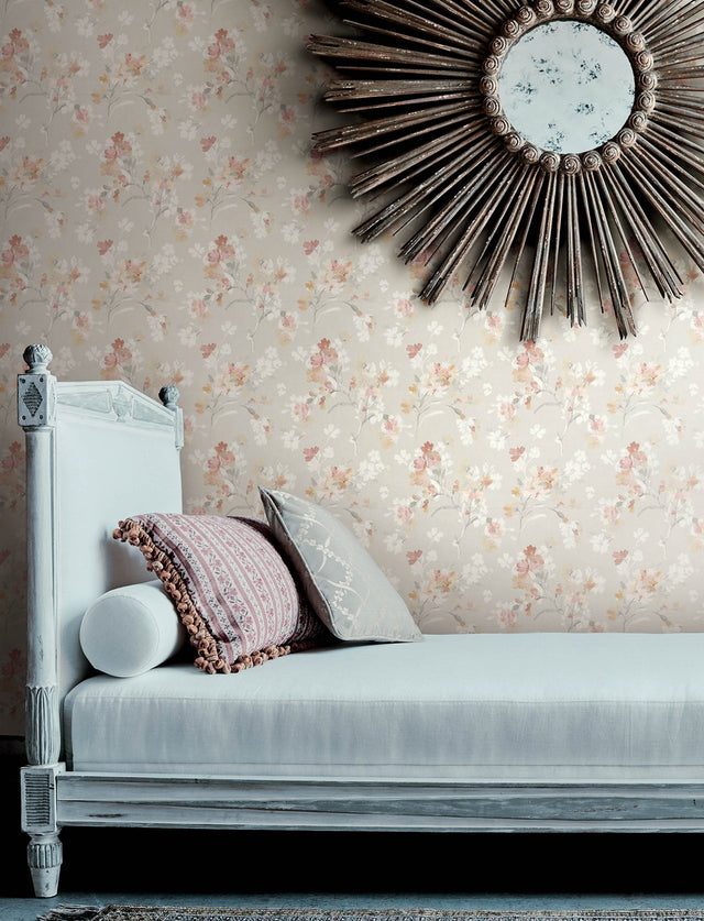 Azalea Ruby Floral Branches Wallpaper with Botanical Farmhouse Style - Brewster 4134-72524