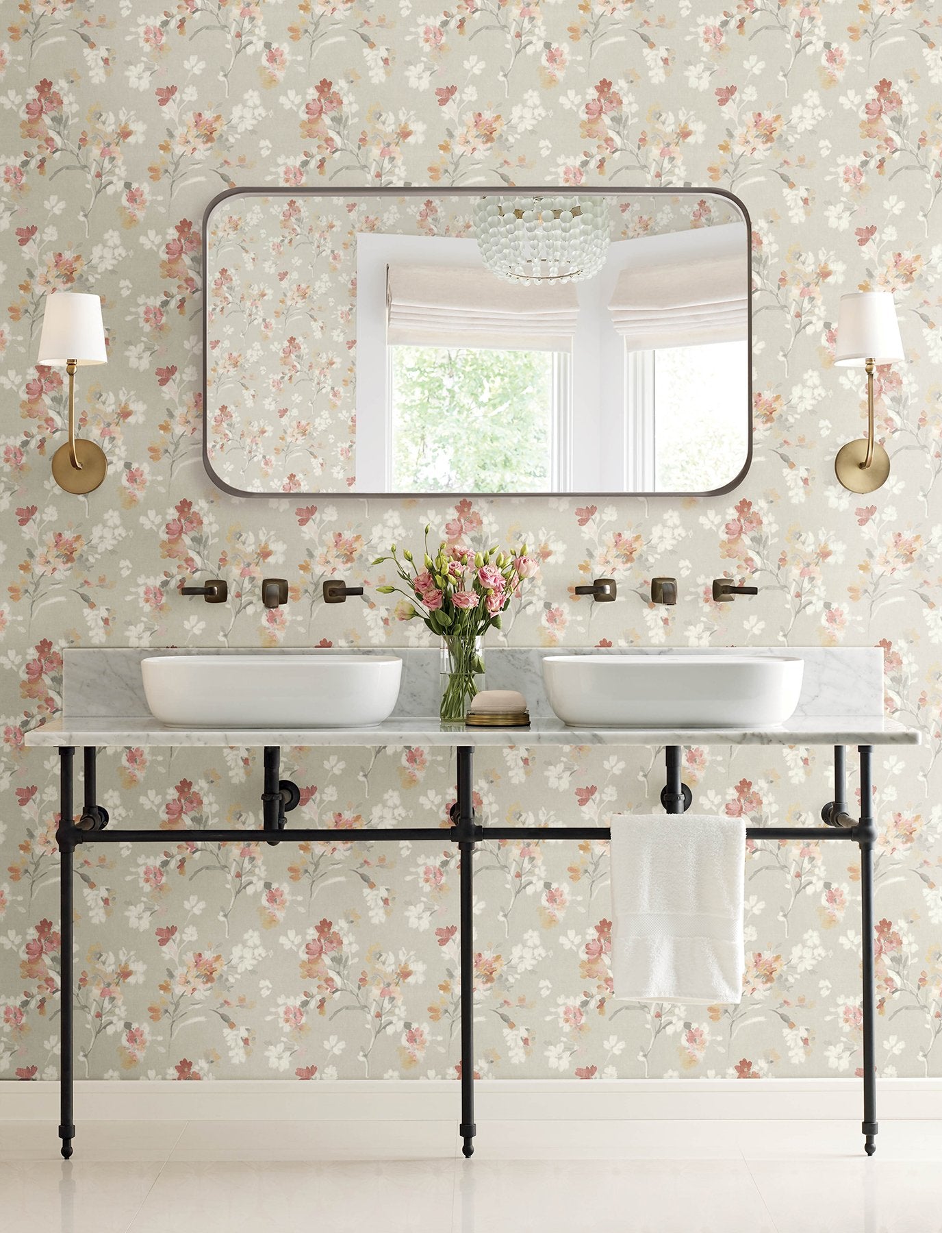 Azalea Ruby Floral Branches Wallpaper with Botanical Farmhouse Style - Brewster 4134-72524