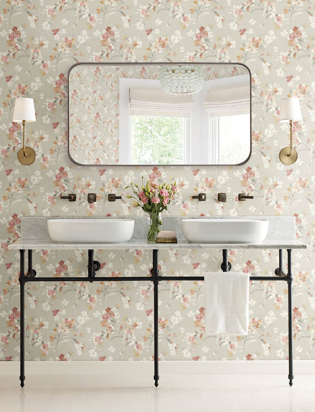 Azalea Ruby Floral Branches Wallpaper with Botanical Farmhouse Style - Brewster 4134-72524