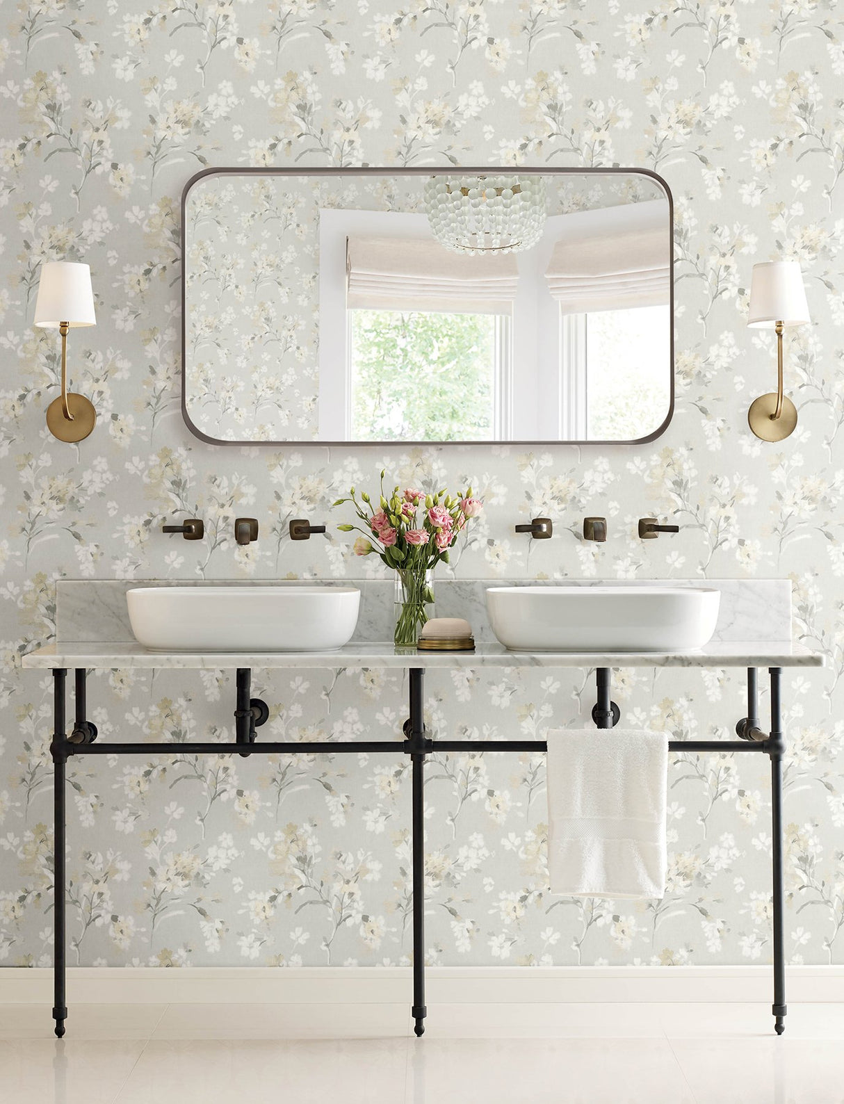 Azalea Neutral Floral Branches Wallpaper with Botanical Flowers Motif, Farmhouse Style - Chesapeake 4134-72527