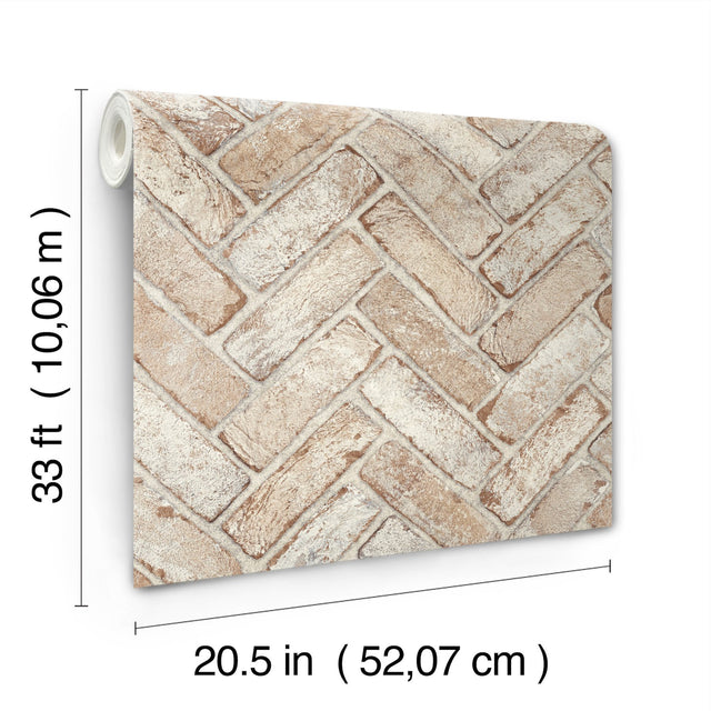 Canelle Rust Brick Herringbone Wallpaper with Country Rustic Sure Strip Texture - Chesapeake 4134-72530
