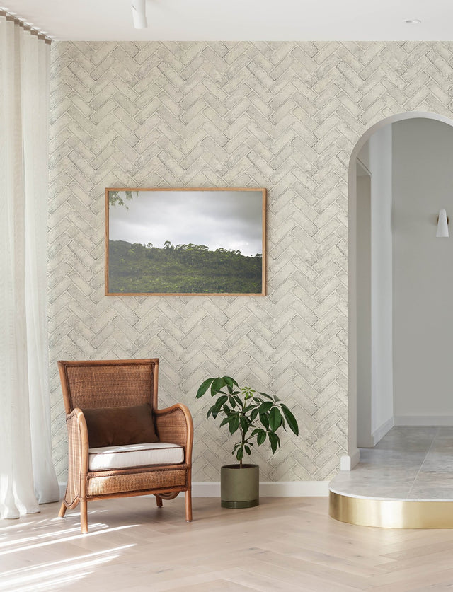 Canelle White Brick Herringbone Wallpaper with Country Graphics Pattern - Chesapeake 4134-72532
