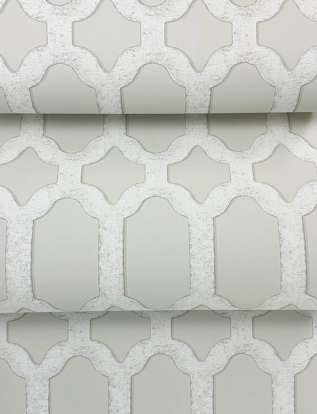 Chervil Cream Trellis Wallpaper with Geometric Quatrefoil Motif - Chesapeake 4134-72541