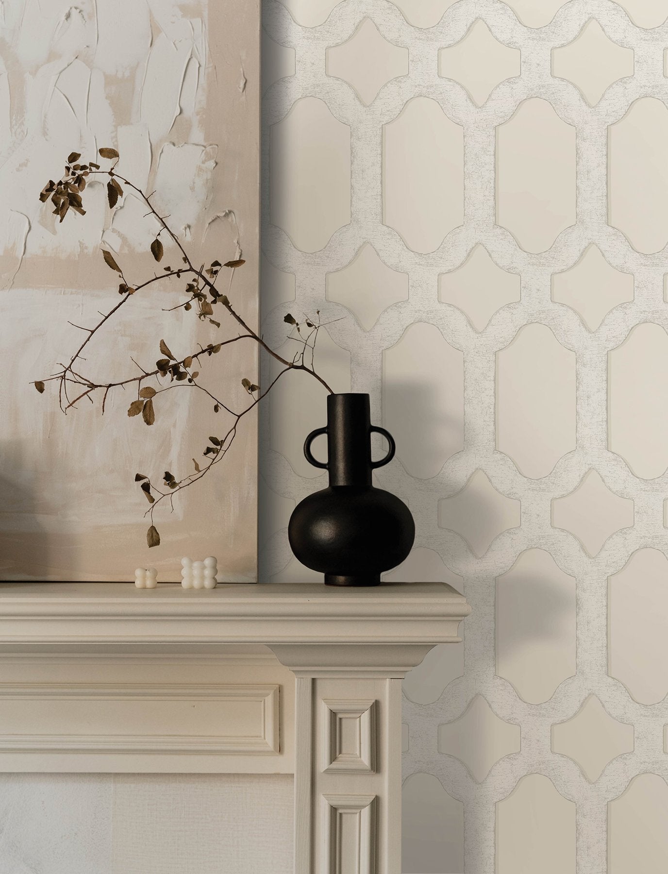 Chervil Cream Trellis Wallpaper with Geometric Quatrefoil Motif - Chesapeake 4134-72541