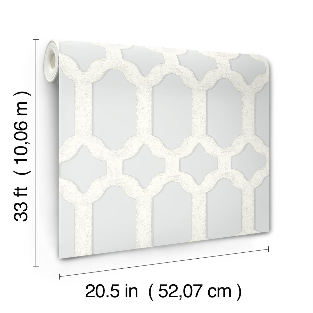 Chervil Sky Blue Trellis Wallpaper with Geometric Quatrefoil Pattern, Coastal Sure Strip - Chesapeake 4134-72543