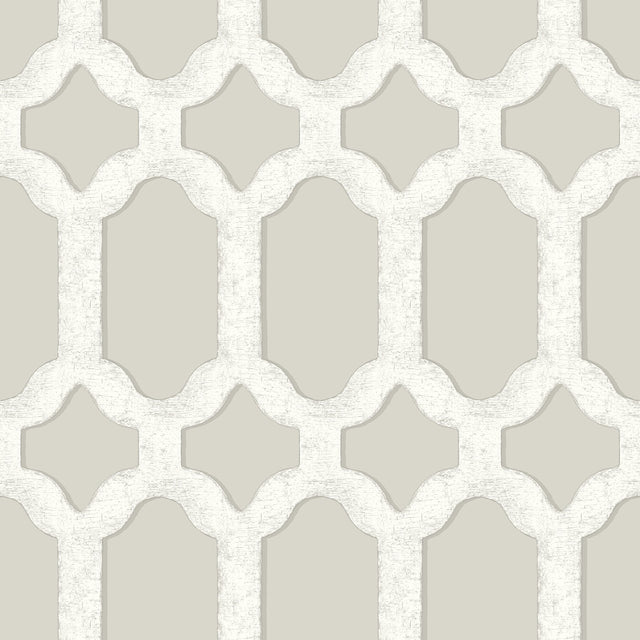 Chervil Light Grey Trellis Wallpaper with Coastal Geometric Quatrefoil Pattern - Chesapeake 4134-72544
