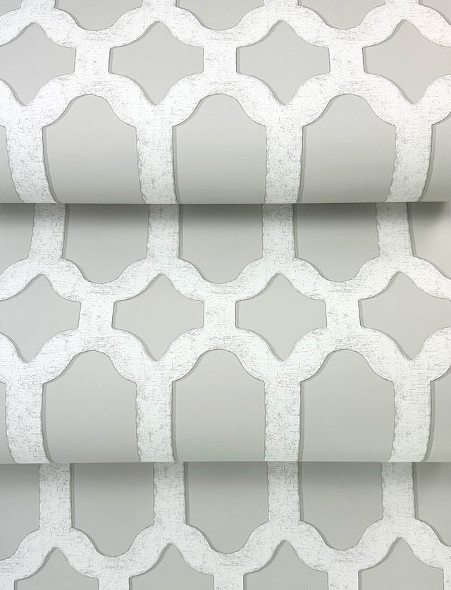 Chervil Light Grey Trellis Wallpaper with Coastal Geometric Quatrefoil Pattern - Chesapeake 4134-72544
