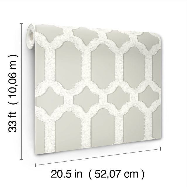 Chervil Light Grey Trellis Wallpaper with Coastal Geometric Quatrefoil Pattern - Chesapeake 4134-72544