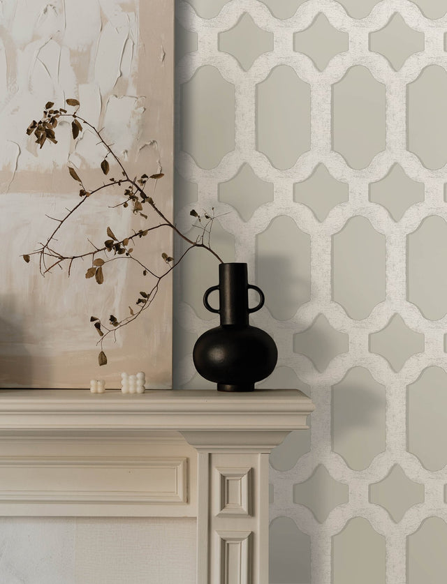 Chervil Light Grey Trellis Wallpaper with Coastal Geometric Quatrefoil Pattern - Chesapeake 4134-72544