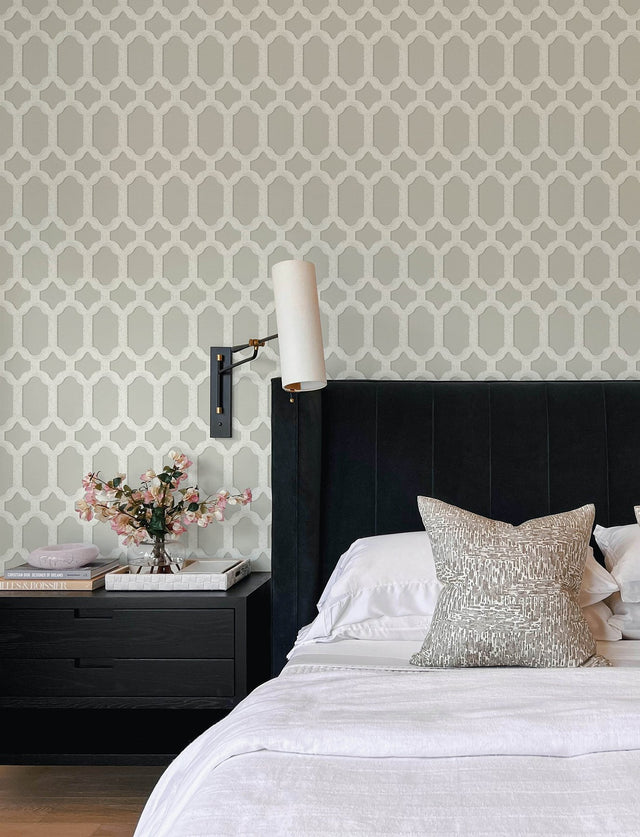 Chervil Light Grey Trellis Wallpaper with Coastal Geometric Quatrefoil Pattern - Chesapeake 4134-72544