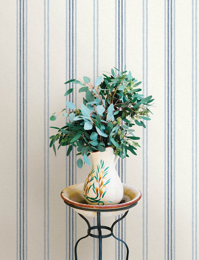 Lovage Blue Linen Stripe Wallpaper with Farmhouse Stripes Pattern - Chesapeake 4134-72546