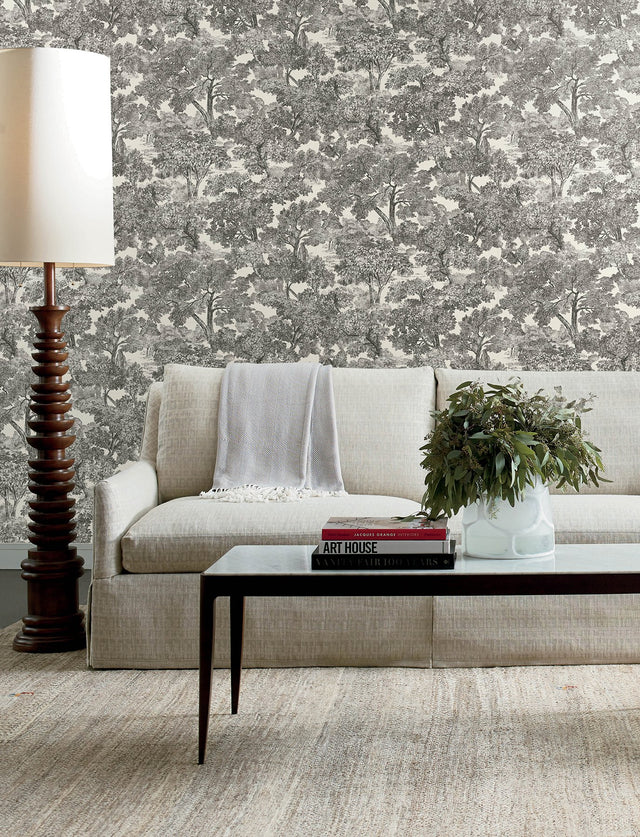 Spinney Black Toile Wallpaper with Botanical Trees Motif - Chesapeake 4134-72558