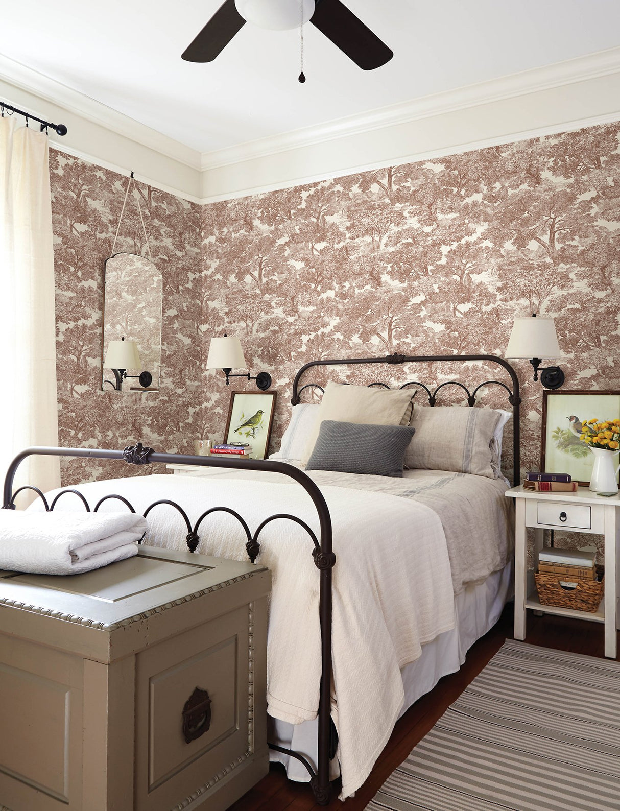 Spinney Red Toile Wallpaper with Traditional Botanical Trees Motif - Chesapeake 4134-72562