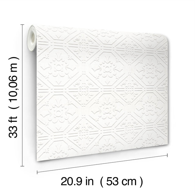 Brooklyn White Tin Paintable Wallpaper with Geometric Medallion Pattern - Brewster 4134-93996