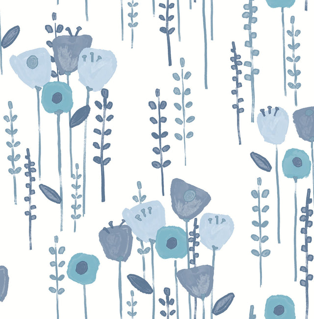 Mabel Blue Floral Field Wallpaper with Whimsical Botanical Flowers - A-Street Prints 4135-27274