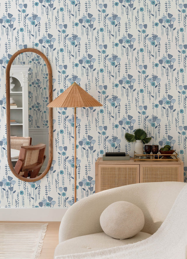 Mabel Blue Floral Field Wallpaper with Whimsical Botanical Flowers - A-Street Prints 4135-27274