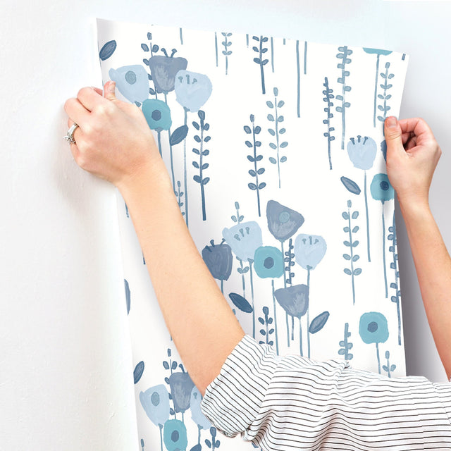 Mabel Blue Floral Field Wallpaper with Whimsical Botanical Flowers - A-Street Prints 4135-27274