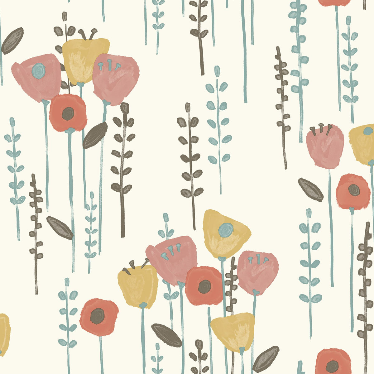 Mabel Coral Floral Field Wallpaper with Whimsical Botanical Flowers ...