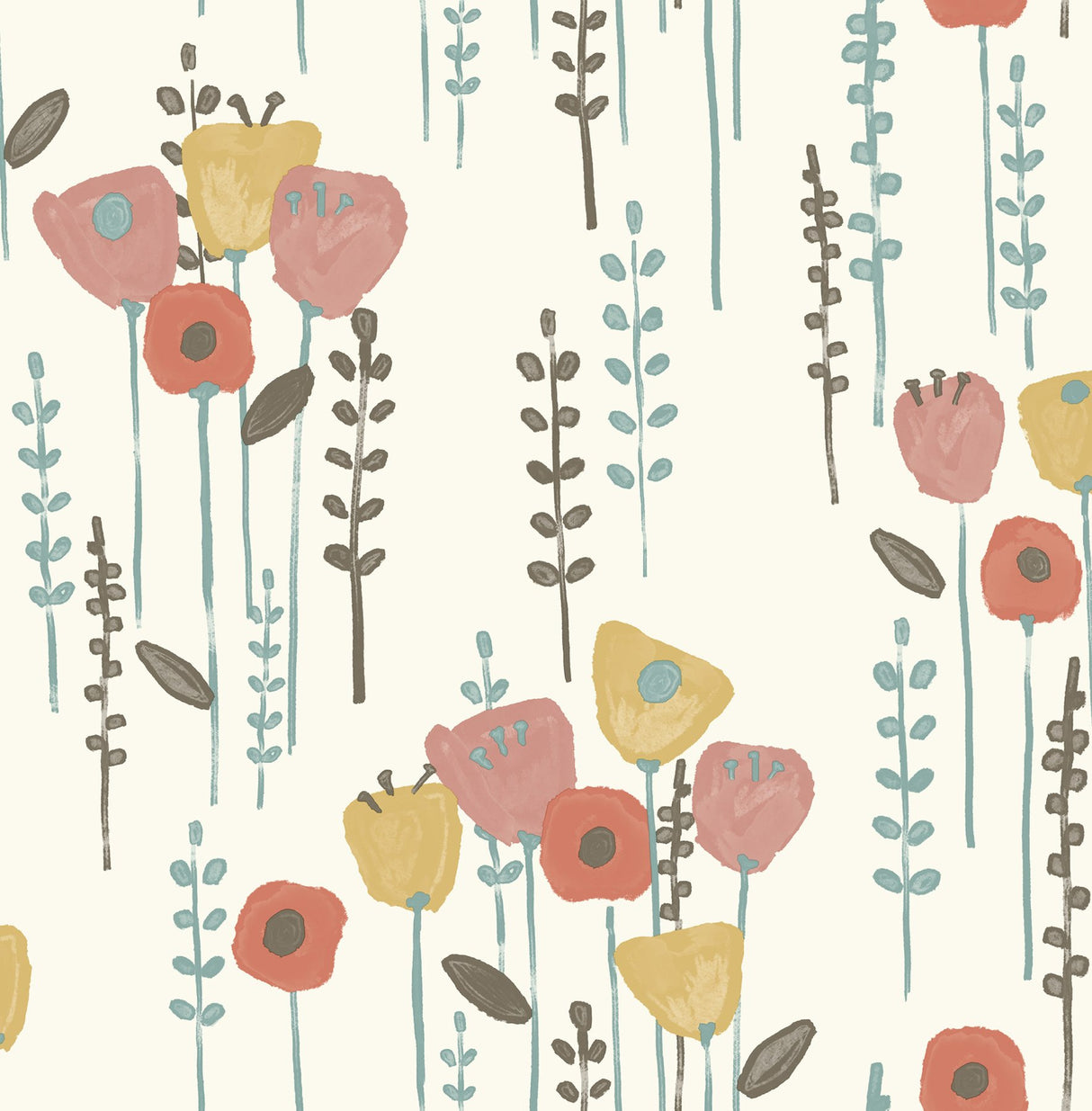 Mabel Coral Floral Field Wallpaper with Whimsical Botanical Flowers - A-Street Prints 4135-27278