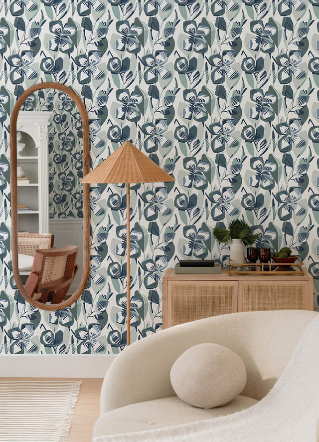 Nathalie Navy Abstract Blooms Wallpaper with Modern Botanical Flower Pattern - A-Street Prints 4135-27283