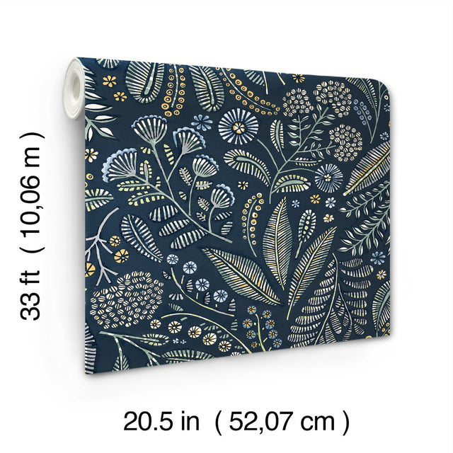 Briar Navy Floral Wallpaper with Bohemian Botanical Motif - A?Street Prints 4135-27293