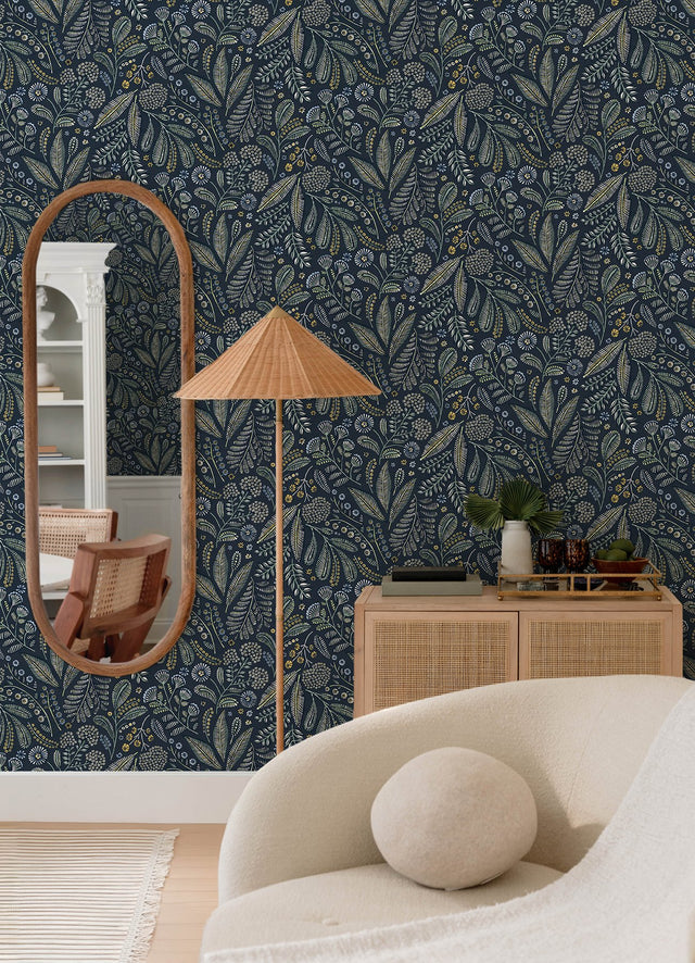 Briar Navy Floral Wallpaper with Bohemian Botanical Motif - A?Street Prints 4135-27293