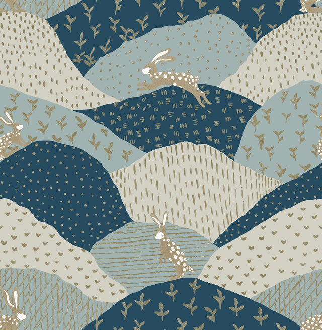 Peter Blue Rabbit Fields Wallpaper with Whimsical Animal Patchwork Motif - Brewster 4135-27300