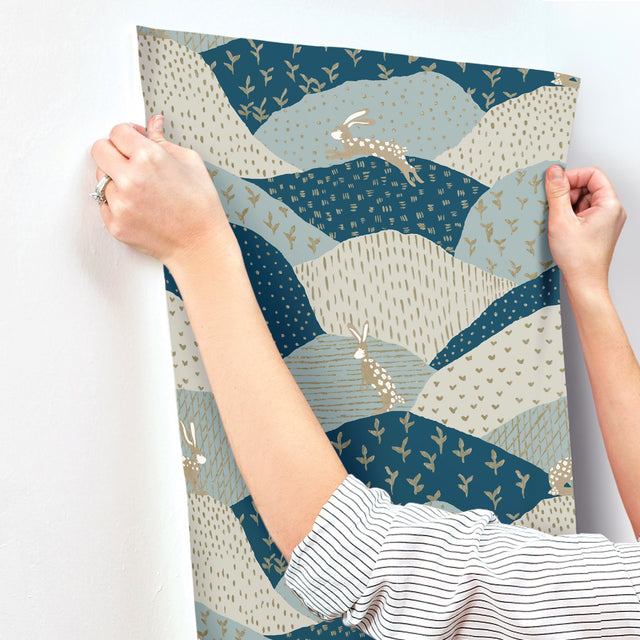 Peter Blue Rabbit Fields Wallpaper with Whimsical Animal Patchwork Motif - Brewster 4135-27300