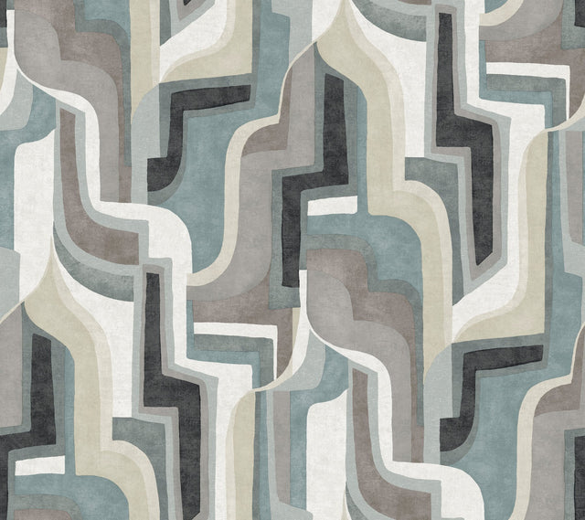 Tulum Denim Surreal Shapes Blue Wallpaper with Modern Abstract Metallic Design - Brewster 4135-72702
