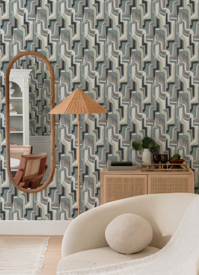 Tulum Denim Surreal Shapes Blue Wallpaper with Modern Abstract Metallic Design - Brewster 4135-72702