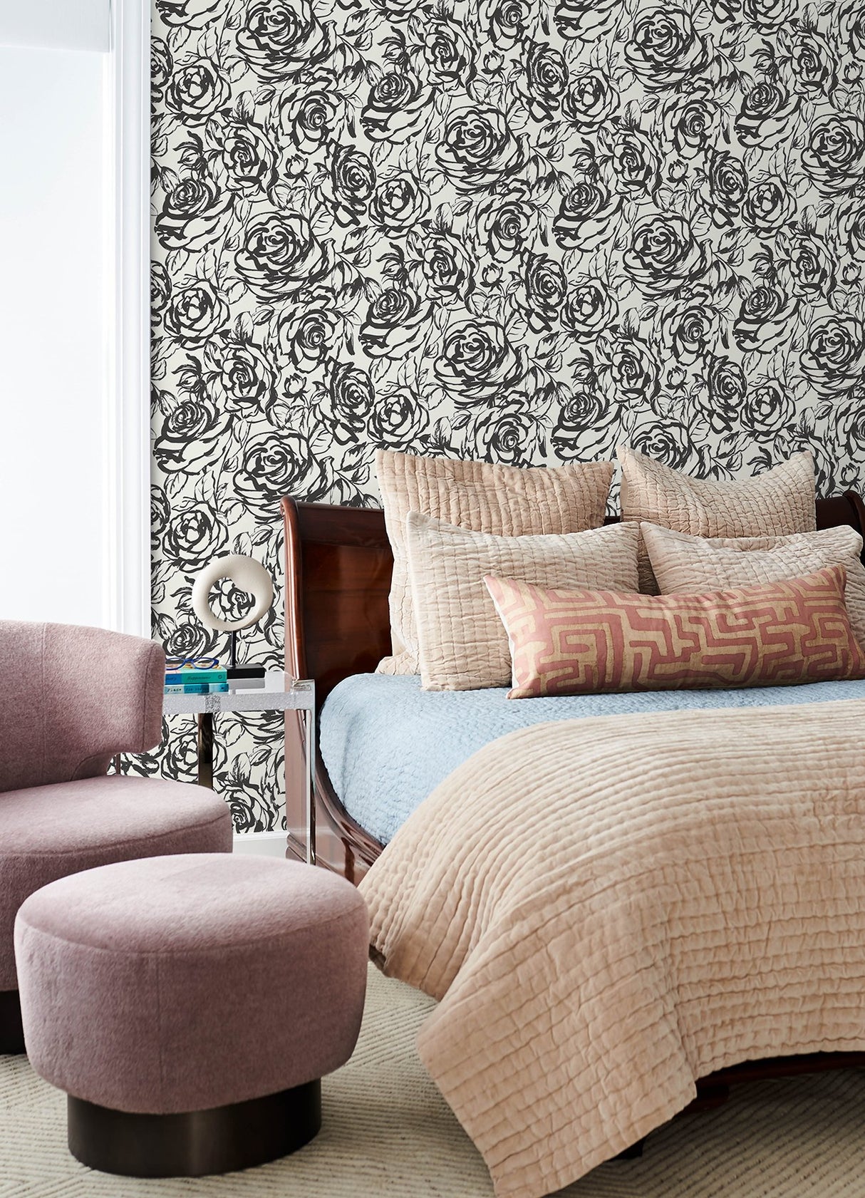 Nelda Black Rose Wallpaper with Modern Botanical Rose Pattern - A-Street Prints 4135-72707