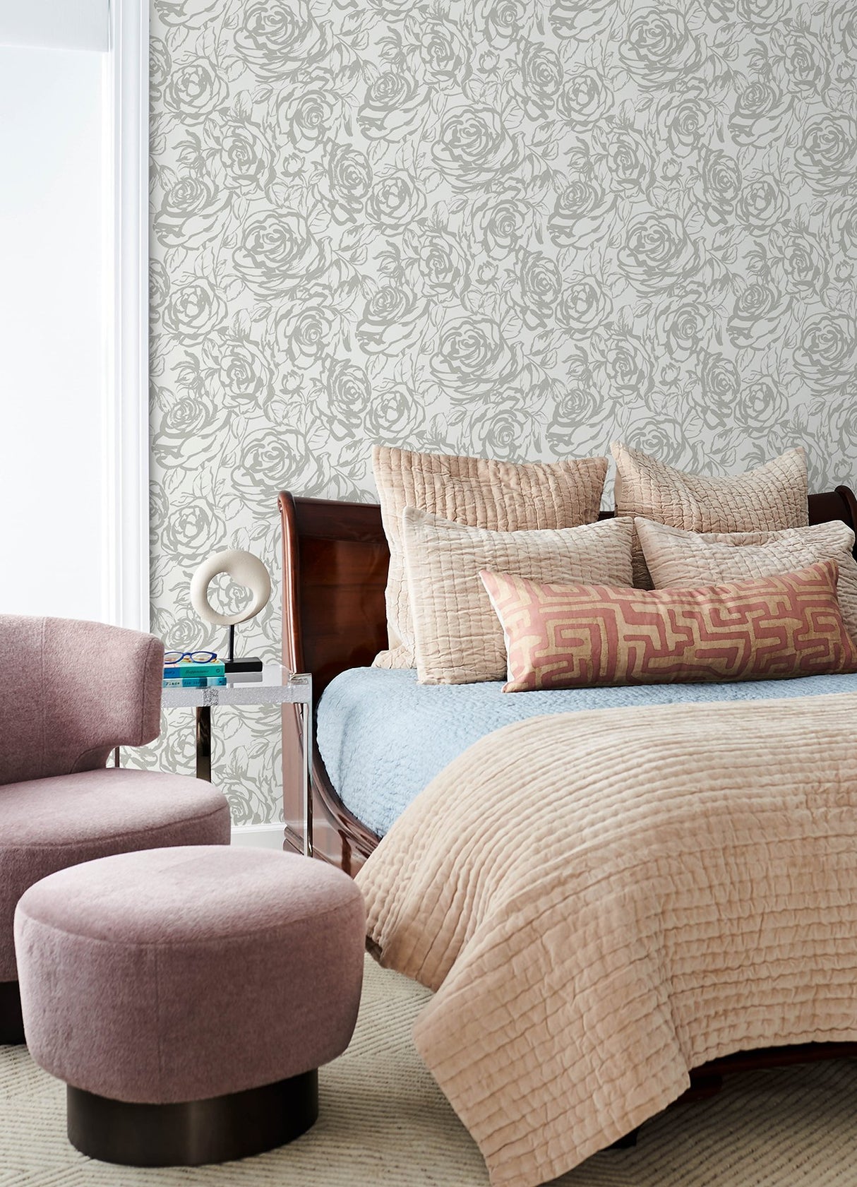 Nelda Silver Rose Wallpaper with Modern Botanical Rose Pattern - Brewster 4135-72709