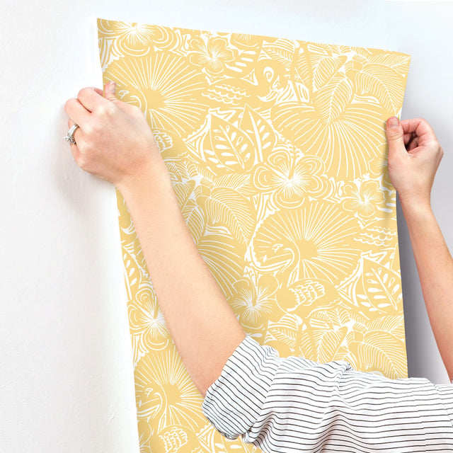 Idalia Yellow Floral Flamingo Wallpaper with Tropical Animal Pattern - A-Street Prints 4135-72715