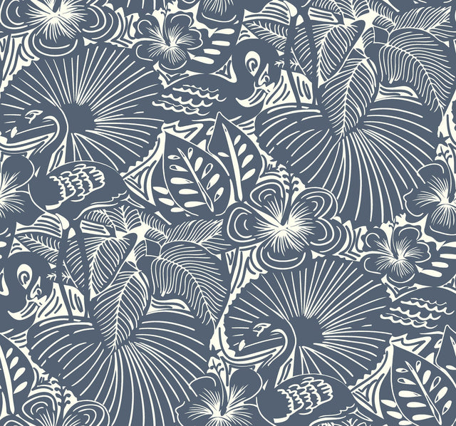 Idalia Navy Floral Flamingo Wallpaper with Tropical Animals Pattern - Brewster 4135-72716