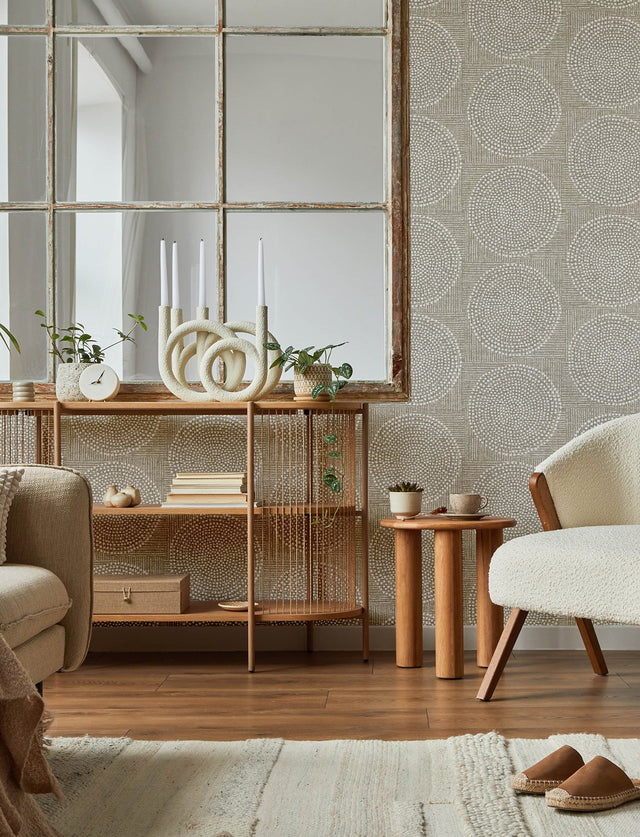 Salma Beige Medallion Wallpaper with Raised Ink Bohemian Graphic Medallions - Brewster 4141-27120