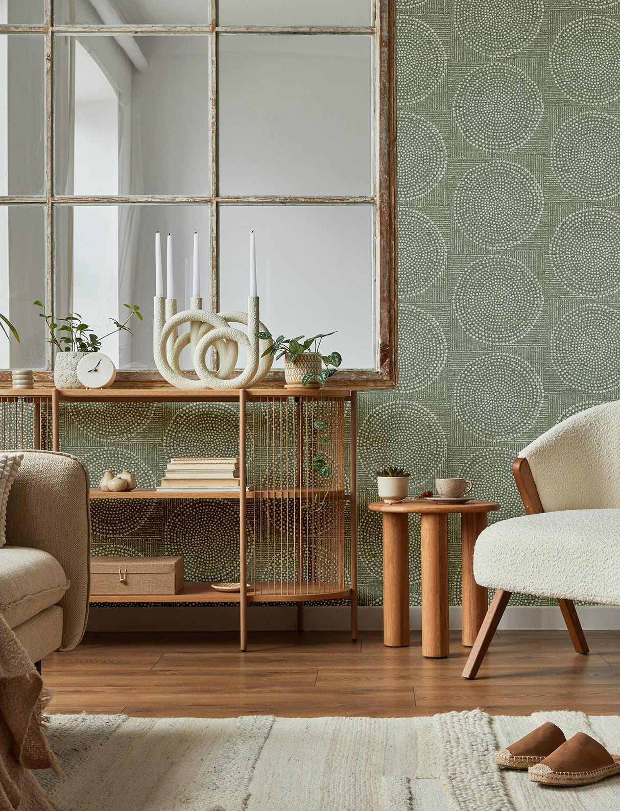Salma Sage Medallion Wallpaper with Raised Ink Textured Bohemian Graphics - Brewster 4141-27122