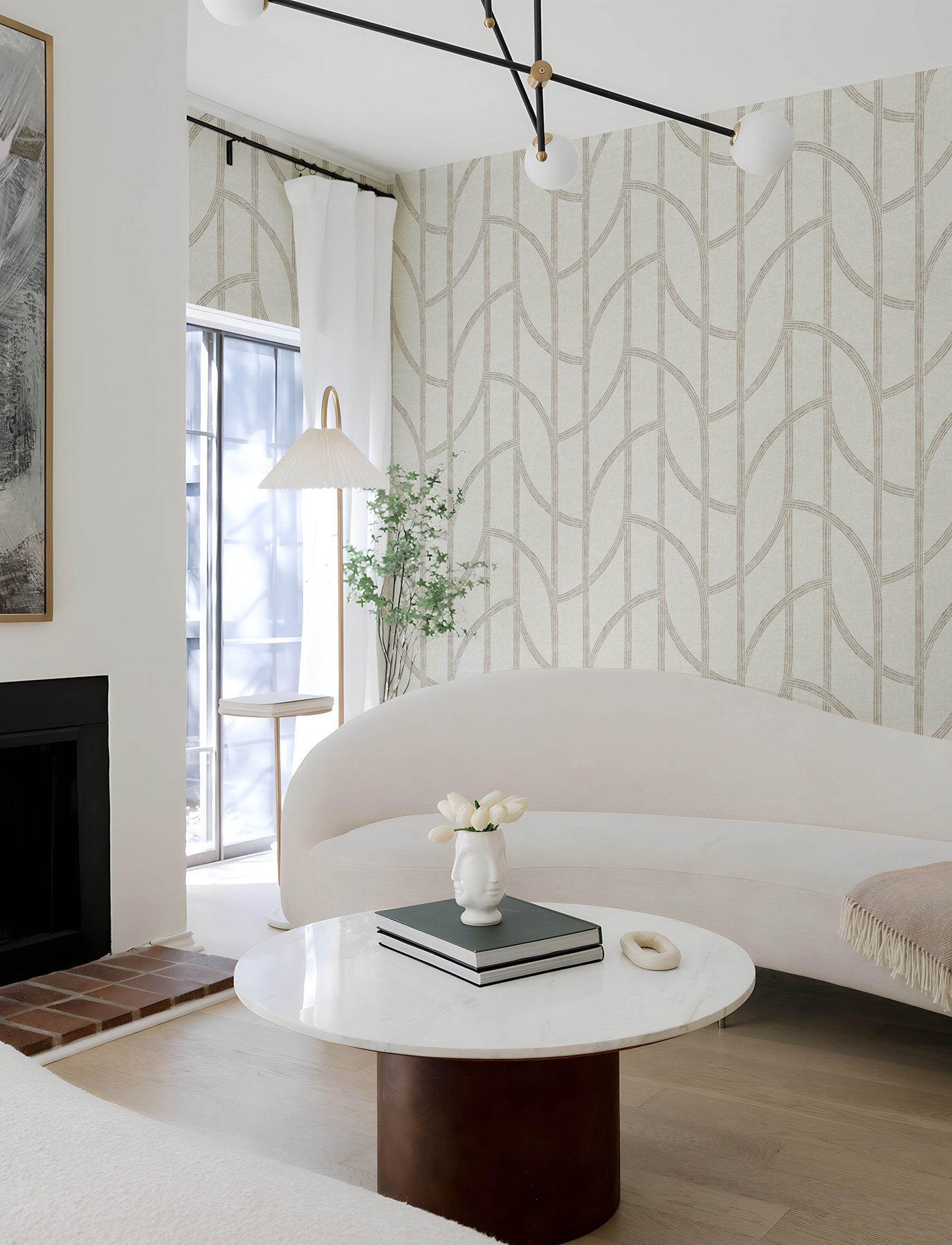 Harlow Champagne Curved Contours Wallpaper with Metallic Textured Striped Graphics - Brewster 4141-27140