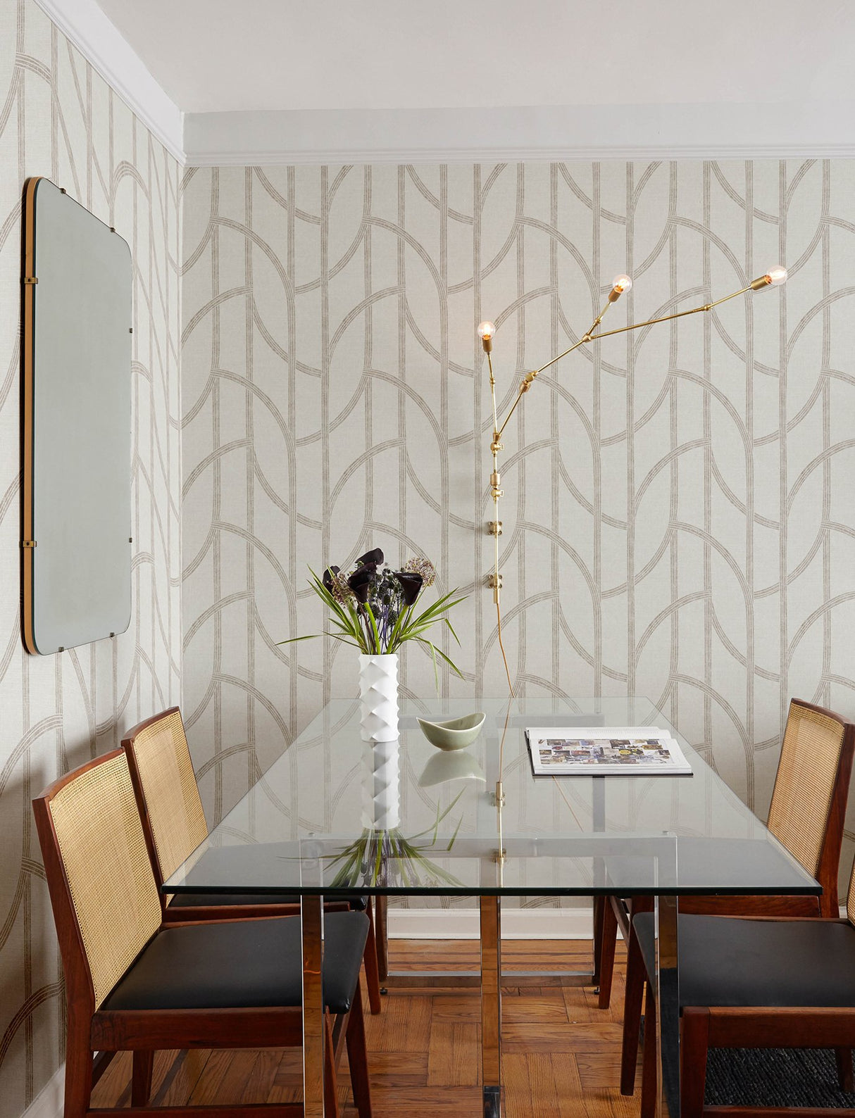 Harlow Champagne Curved Contours Wallpaper with Metallic Textured Striped Graphics - Brewster 4141-27140