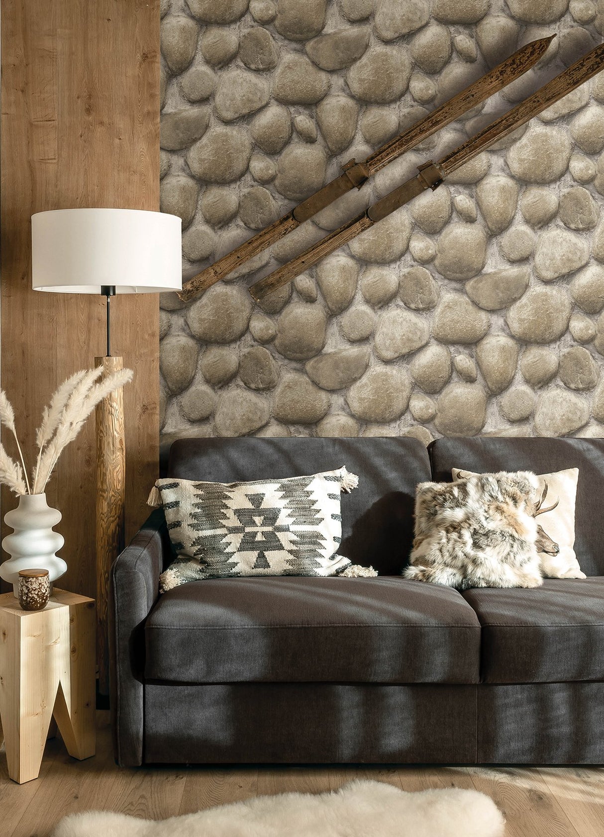 Root Rock Grey Wallpaper with Stone Graphic Motif, Farmhouse Prepasted Non Woven - Chesapeake 4142-72611