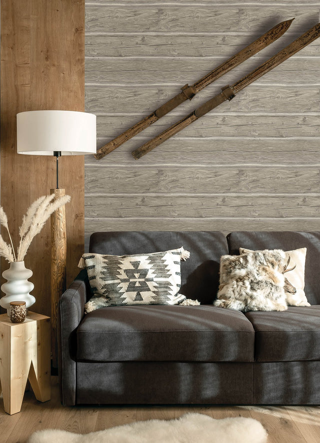 Lodgepole Grey Wallpaper with Wood Log Graphic Motif - Chesapeake 4142-72614