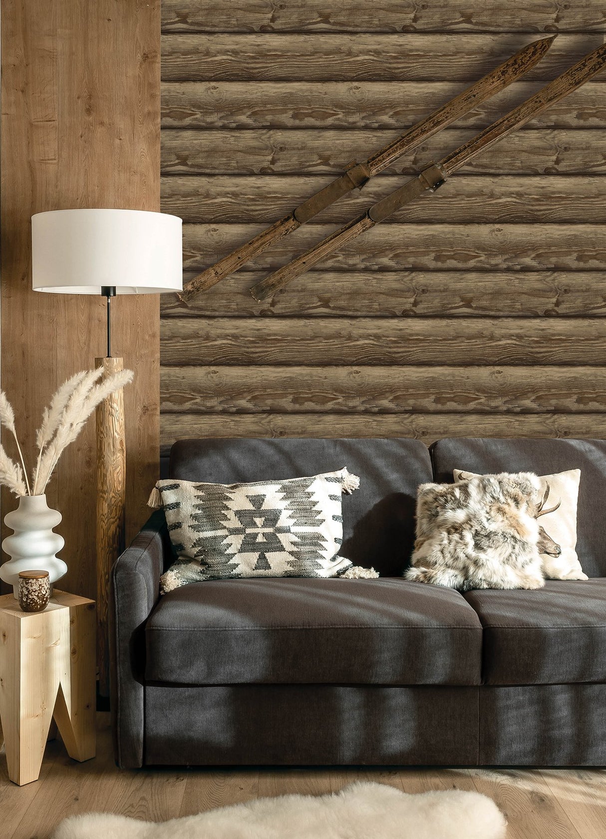Bunkhouse Chestnut Wallpaper with Wood Graphic Log Motif - Chesapeake 4142-72618