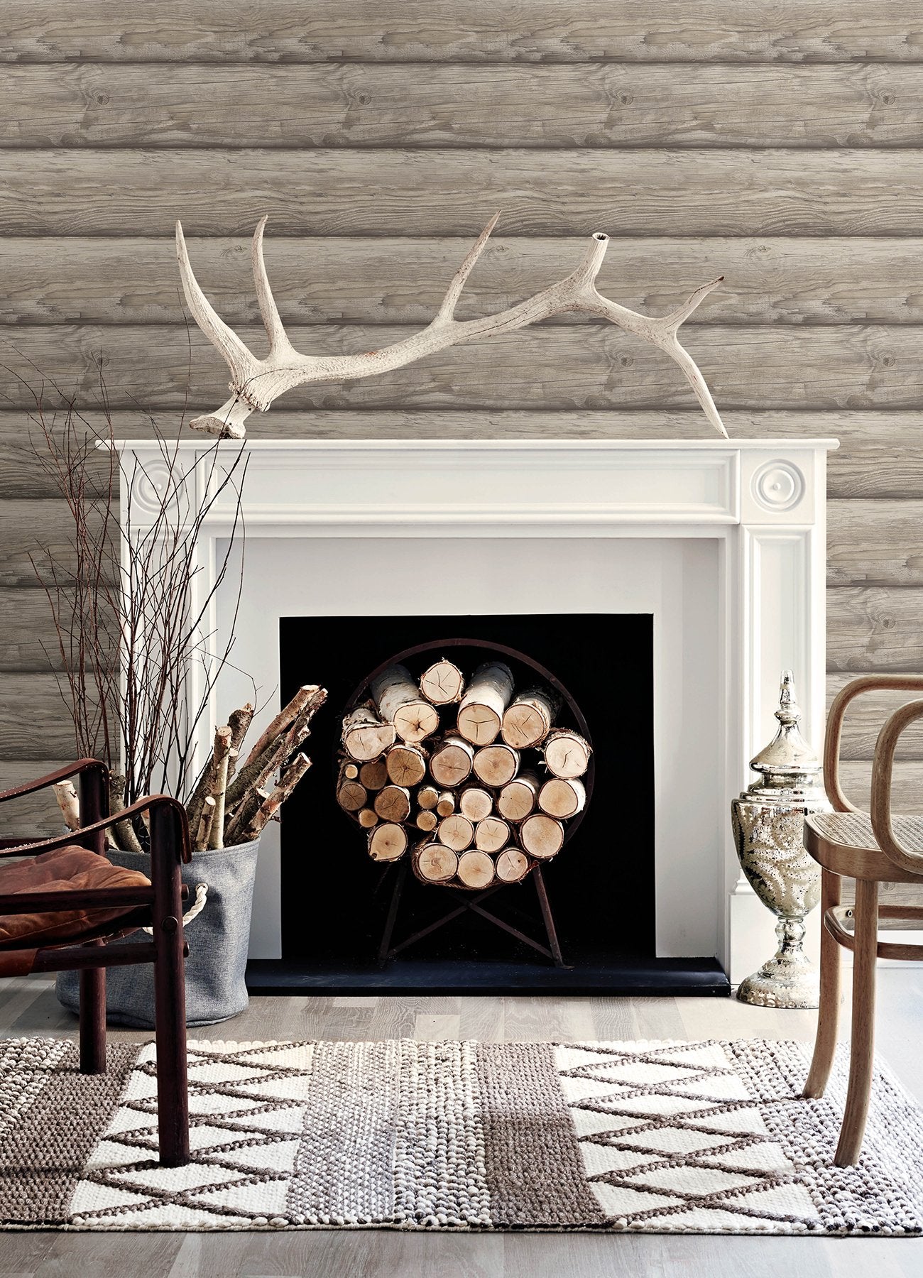 Bunkhouse Ash Wallpaper with Lodge Wood Graphic Motif - Chesapeake 4142-72619