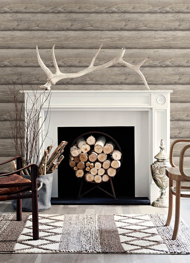 Bunkhouse Ash Wallpaper with Lodge Wood Graphic Motif - Chesapeake 4142-72619