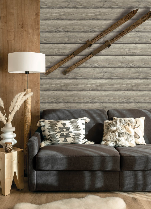 Bunkhouse Ash Wallpaper with Lodge Wood Graphic Motif - Chesapeake 4142-72619