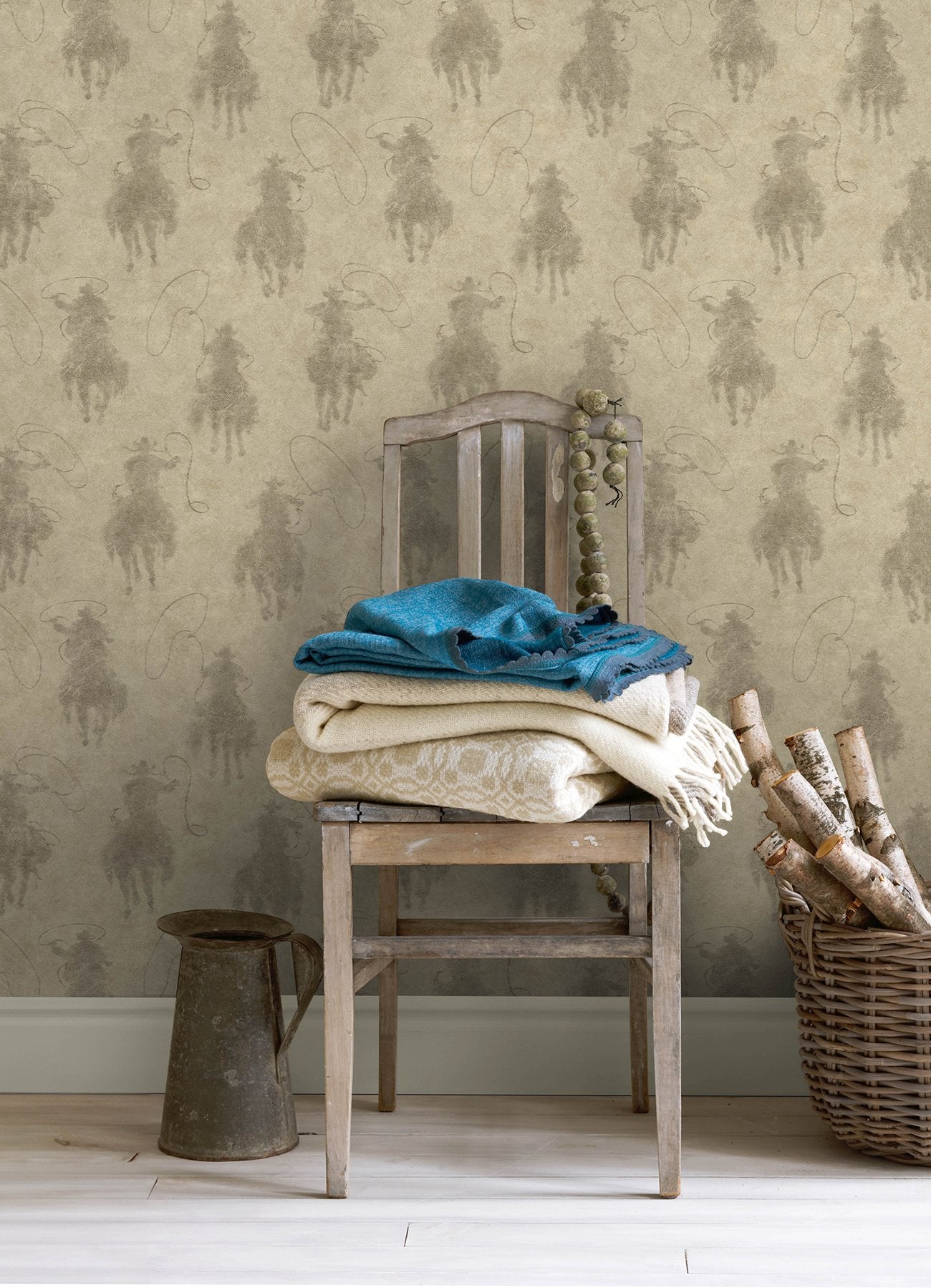 Stockman Silhouette Khaki Wallpaper with Western Cowboy Motif - Chesapeake 4142-72640