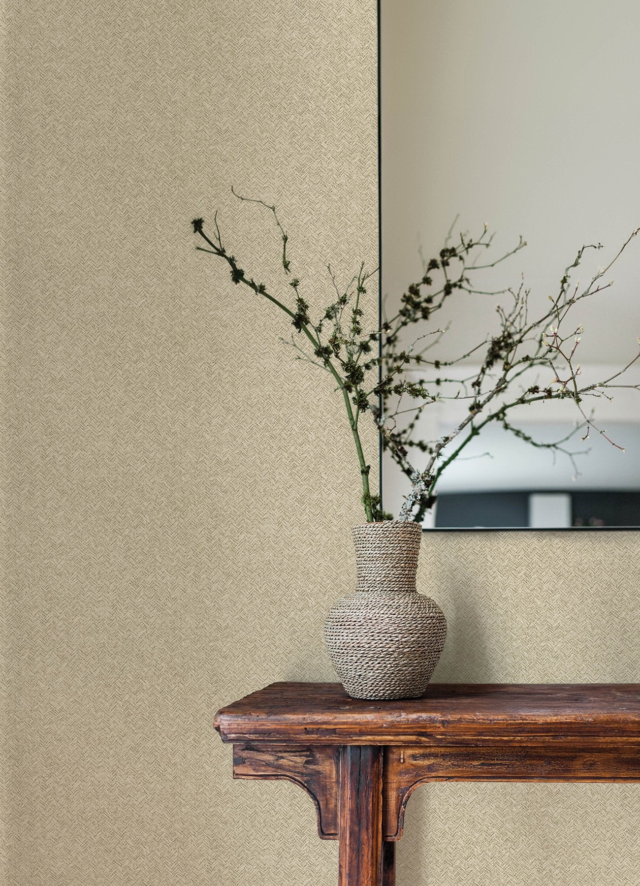 Woven Basket Khaki Wallpaper with Fabric Texture Pattern, Transitional Prepasted Non Woven - Chesapeake 4142-72641