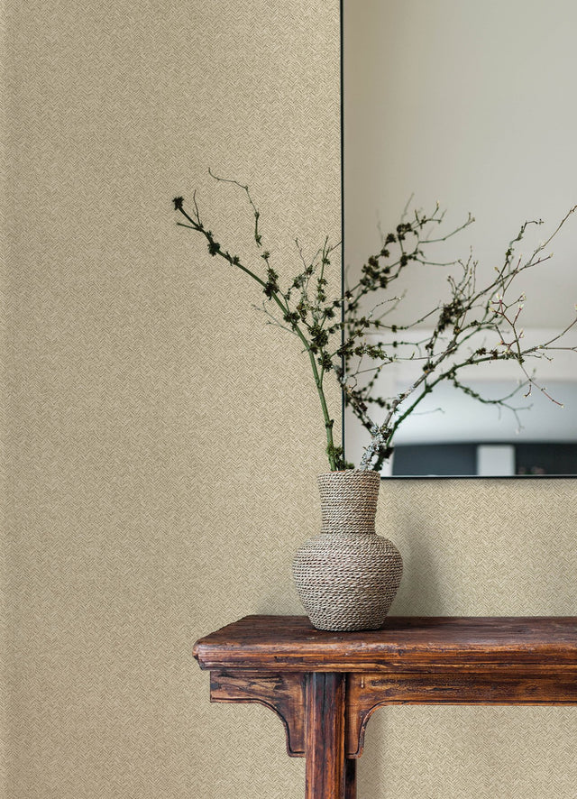 Woven Basket Khaki Wallpaper with Fabric Texture Pattern, Transitional Prepasted Non Woven - Chesapeake 4142-72641