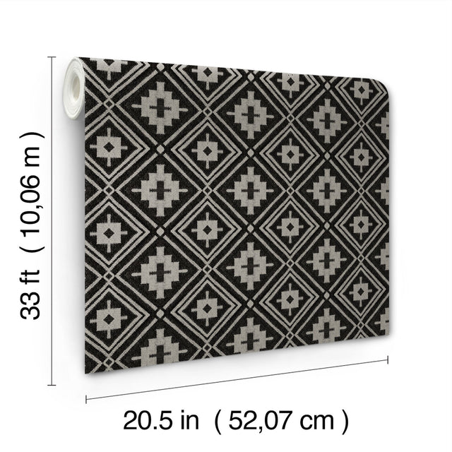 Camp Blanket Black Wallpaper with Geometric Western Medallion Pattern, Traditional Prepasted Non Woven - Brewster 4142-72656