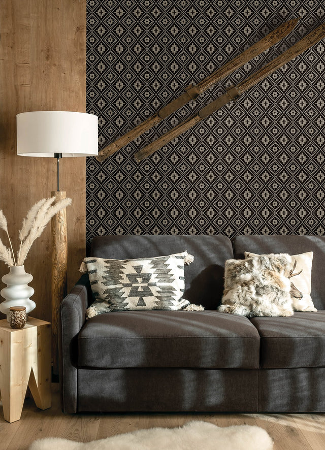 Camp Blanket Black Wallpaper with Geometric Western Medallion Pattern, Traditional Prepasted Non Woven - Brewster 4142-72656